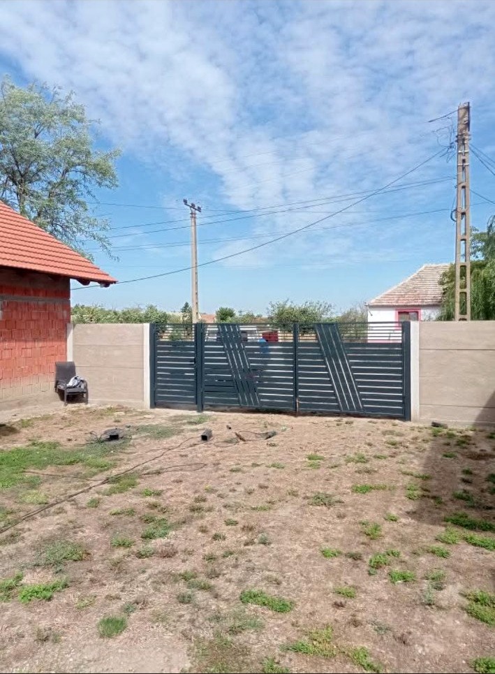 Poartă neagră cu inserții diagonale, vedere din curte